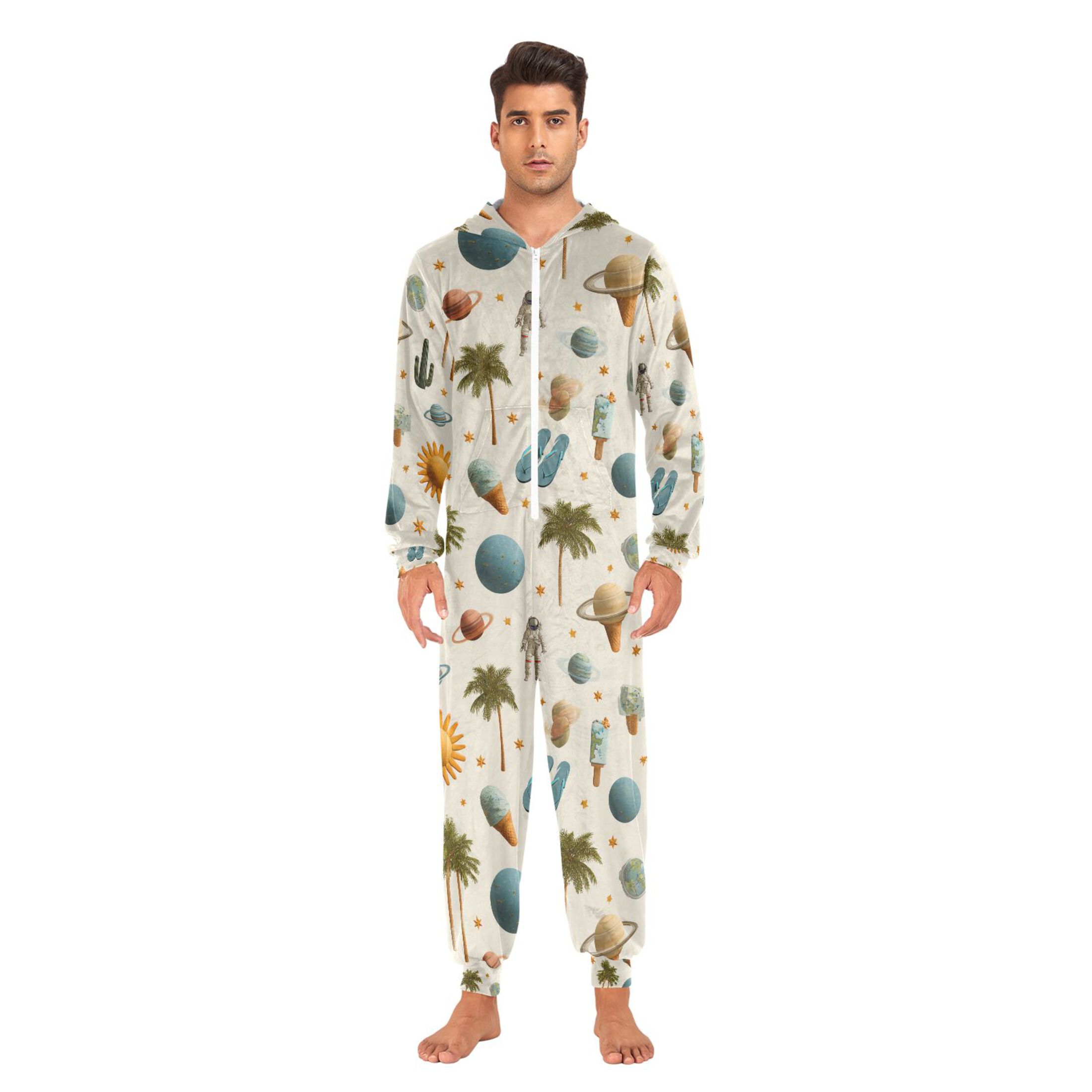 Adult Christmas Onesie Palm Tree Astronaut Flip Flops Adult Zipper One-Piece Pajamas Unisex Pajamas with Pockets