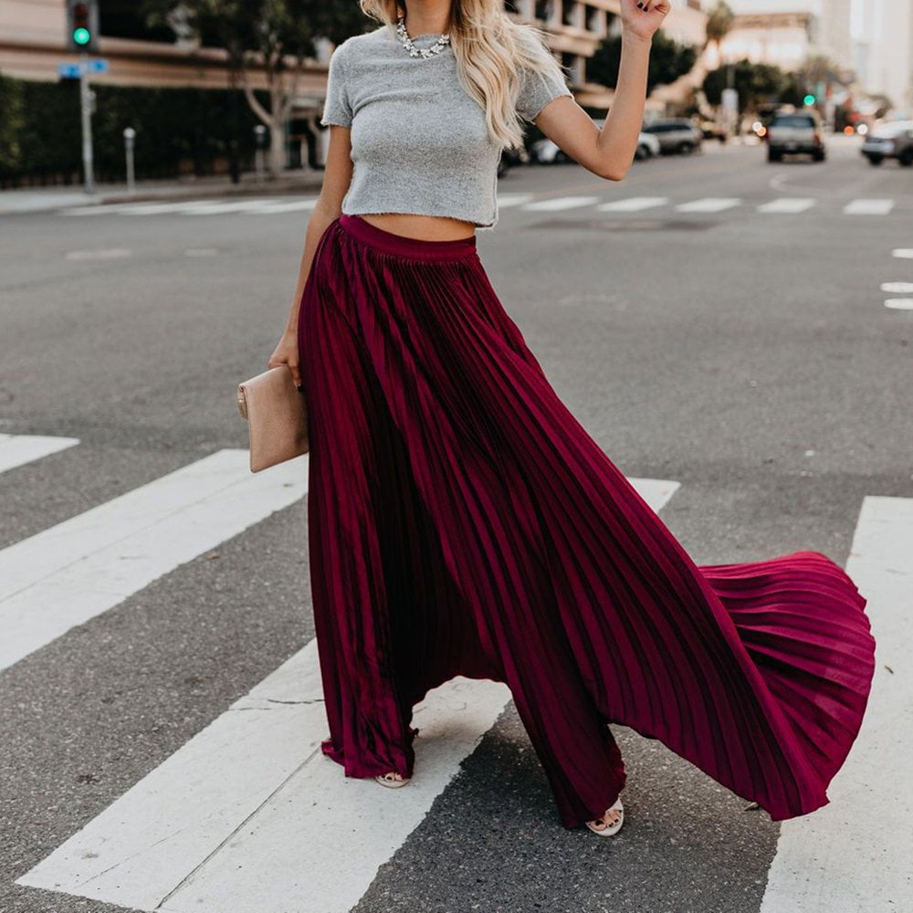 JUNWELL Women s Shirring Solid Elastic High Waist Flowy Pleated Long Maxi Skirt Elegant Floor Length Maxi Skirt for Women