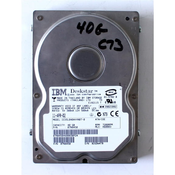Hdd, ibm, 40gb, 7200rpm p/n: 07n8450, mlc: h69005, ic35l040avvn07-0