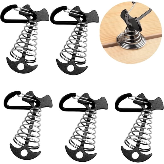 Fishbone Deck Anchor Pegs, 5 Pcs Black Deck Furniture Anchors, Deck peg with Spring Buckle, 2.9 Inch x 1.4 Inch Adjustable Anchor Deck pegs, Tent Decks Anchors for Camping Hiking Supplies