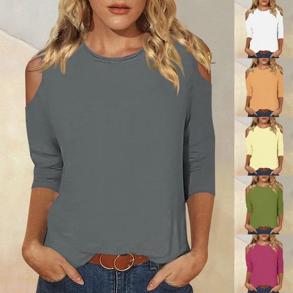 Yxbdin Cold Shoulder Blouses for Women Casual Crew Neck Basic Shirts Comfy 3/4 Sleeve Solid Color Tshirts Outdoor Vacation Outfits for Fall