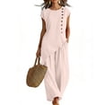 thumbnail image 2 of Cagogo Women's 2 Piece Casual Sets Round Neck Short Sleeve Tshirt Wide Leg Pants Loose Summer Vacation Outfits Solid Boho Lounge Tracksuits Travel Airport Clothes, Pink M, 2 of 6