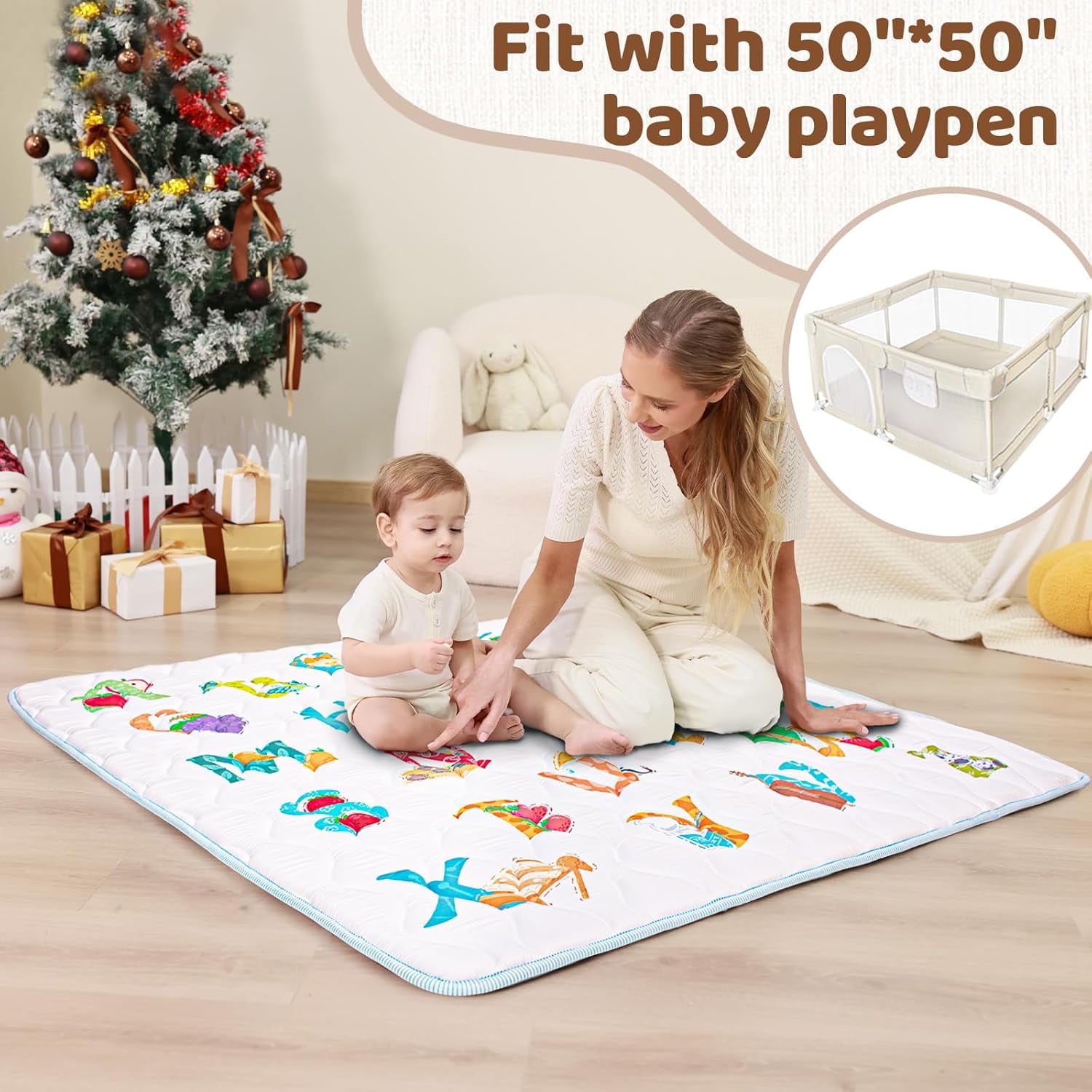 Beavtaens Baby Play Mat for Floor, Foam 50"x50"x1" Playpen Mat, Thickened & Non-Slip, for Ages 0-4