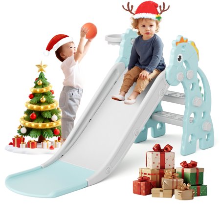 KORIMEFA Toddler Slide Indoor for Toddlers 1-3 Baby Slide Outdoor Playset with Basketball Hoop and Ball Plastic Foldable Slides for Kids Backyard Climber Set Green