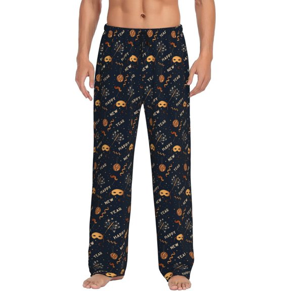 Logiee New Year Print Pajama Pants for Men,Men’s Pajama Bottoms,Mens PJ Pants with Pockets & Button Fly-Small