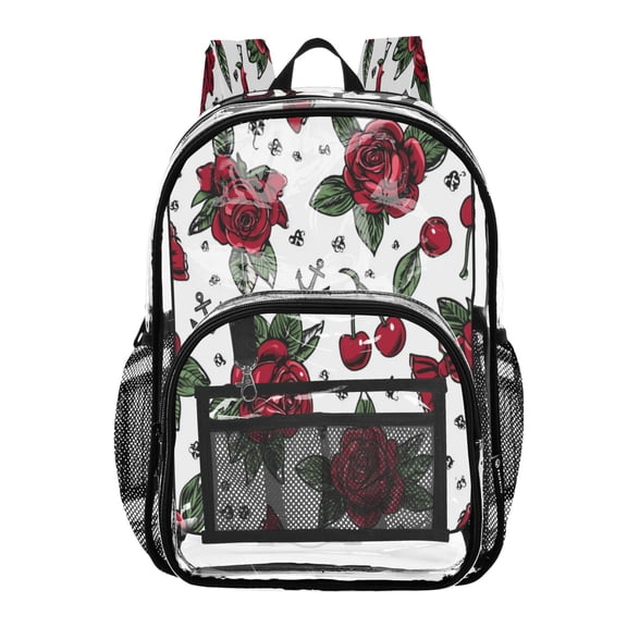 PVC Transparent Backpack Stylish & Durable Clear Backpack Perfect for School, Travel and Outings Red Roses and Cherries