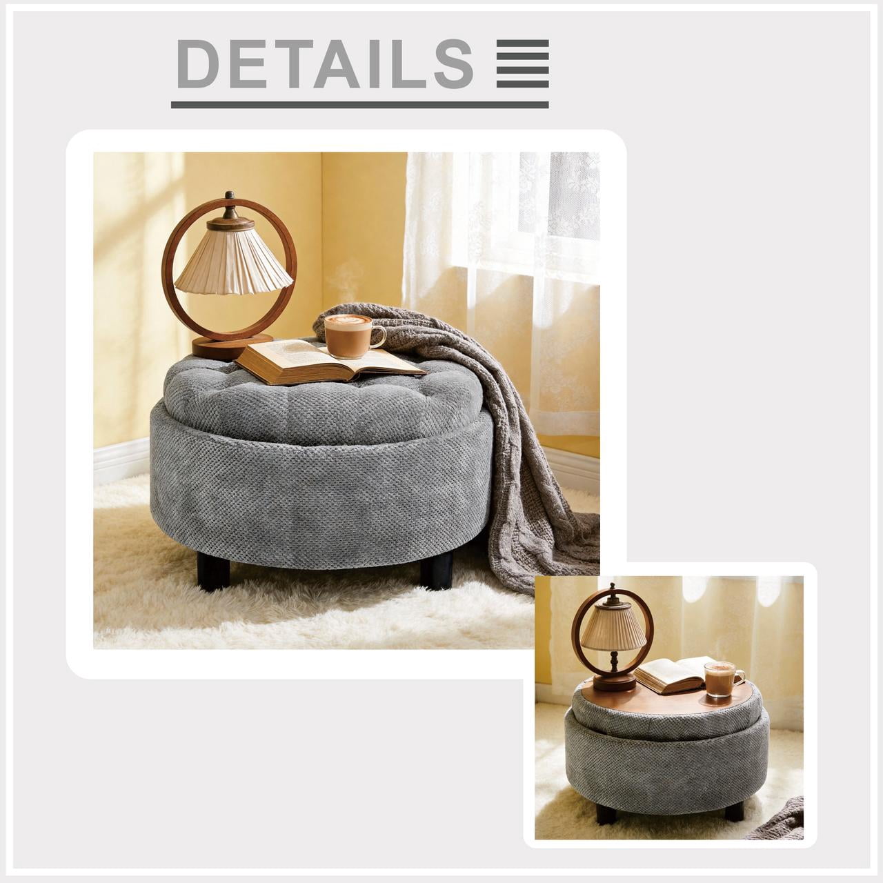 Leumius Storage Ottoman Bench,Round Coffee Table Ottoman,Wooden Top Side Table with Hidden Storage for Living Room,Bedroom,LIGHT GREY