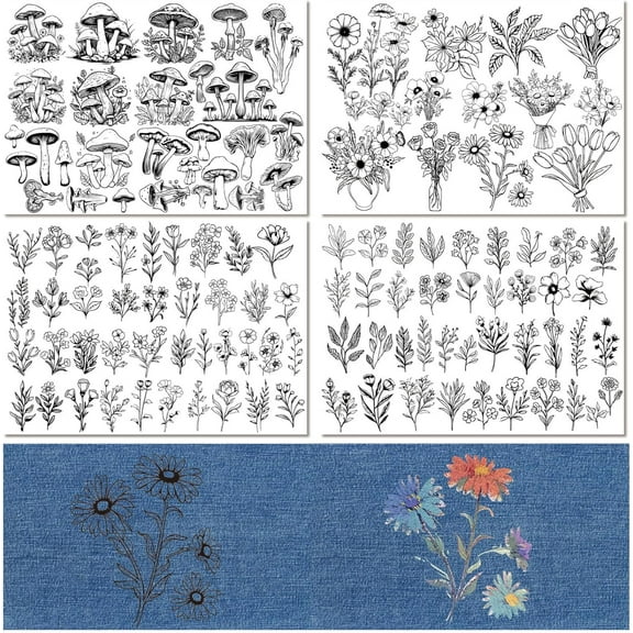 4 Sheets Embroidery Flower Patterns Water Soluble Embroidery Stabilizers Mushroom Plants Hand Sewing Transfers Paper Wash Away Pre-Printed Self Adhesive Patterns