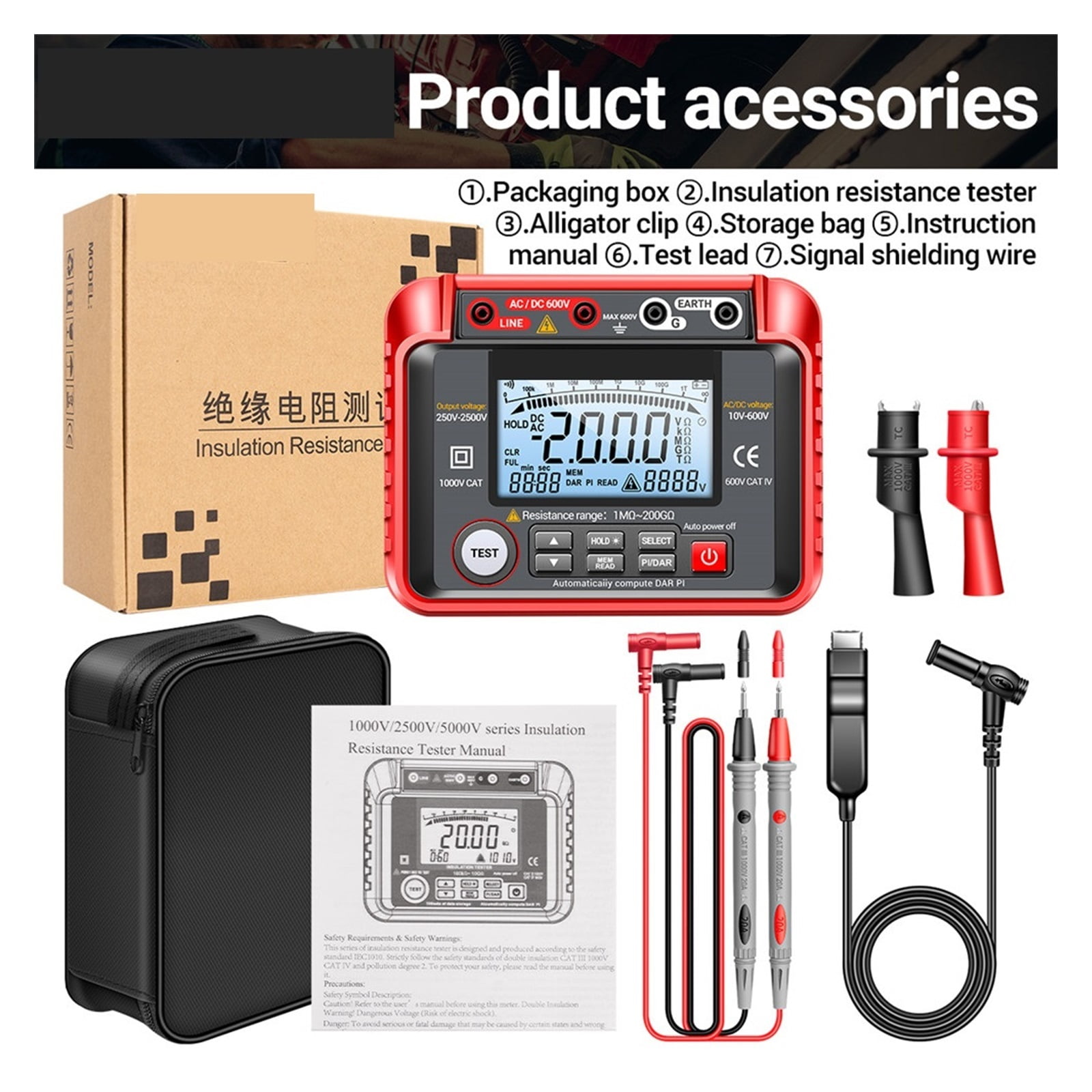 Ohm Tester Digital Multimeter Insulation Earth High Voltage Resistance Meter Tester Megohmmeter Tool