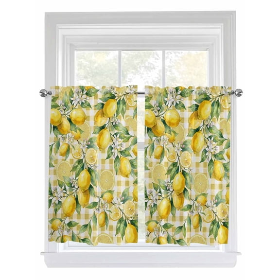 Yellow Lemons Bathroom Window Curtain, Summer Botanical Checkered Pastoral Light Filtering Coffee Kitchen Curtains, Bedroom Living Room Curtains 2 Panel 84"x54"