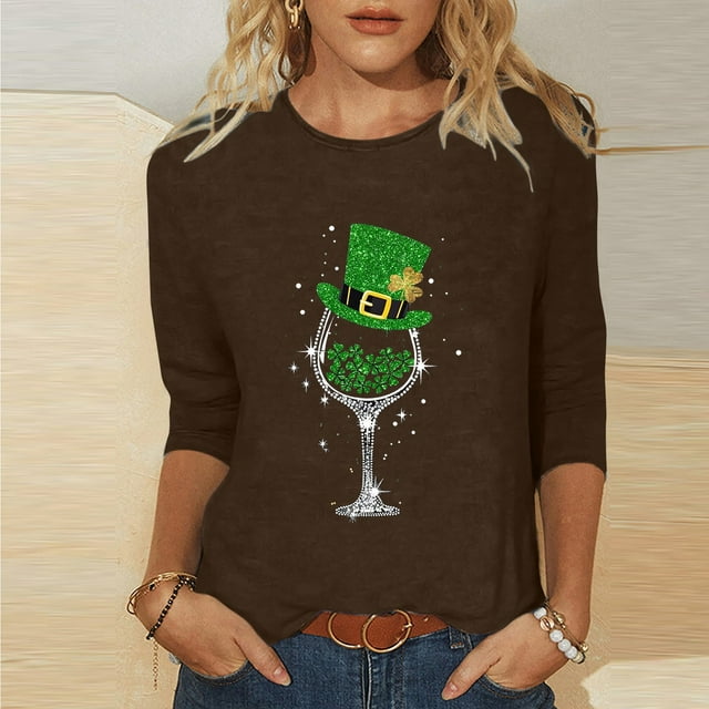 T-Shirt Ample à Manches Trois-Quarts et Col Rond Imprimé pour la Saint-Patrick pour Femmes