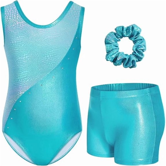 Girls Gymnastics Leotards with Shorts & Hair Scrunchie, Sparkly Rhinestone Dance Unitard for Youth 3-12Y