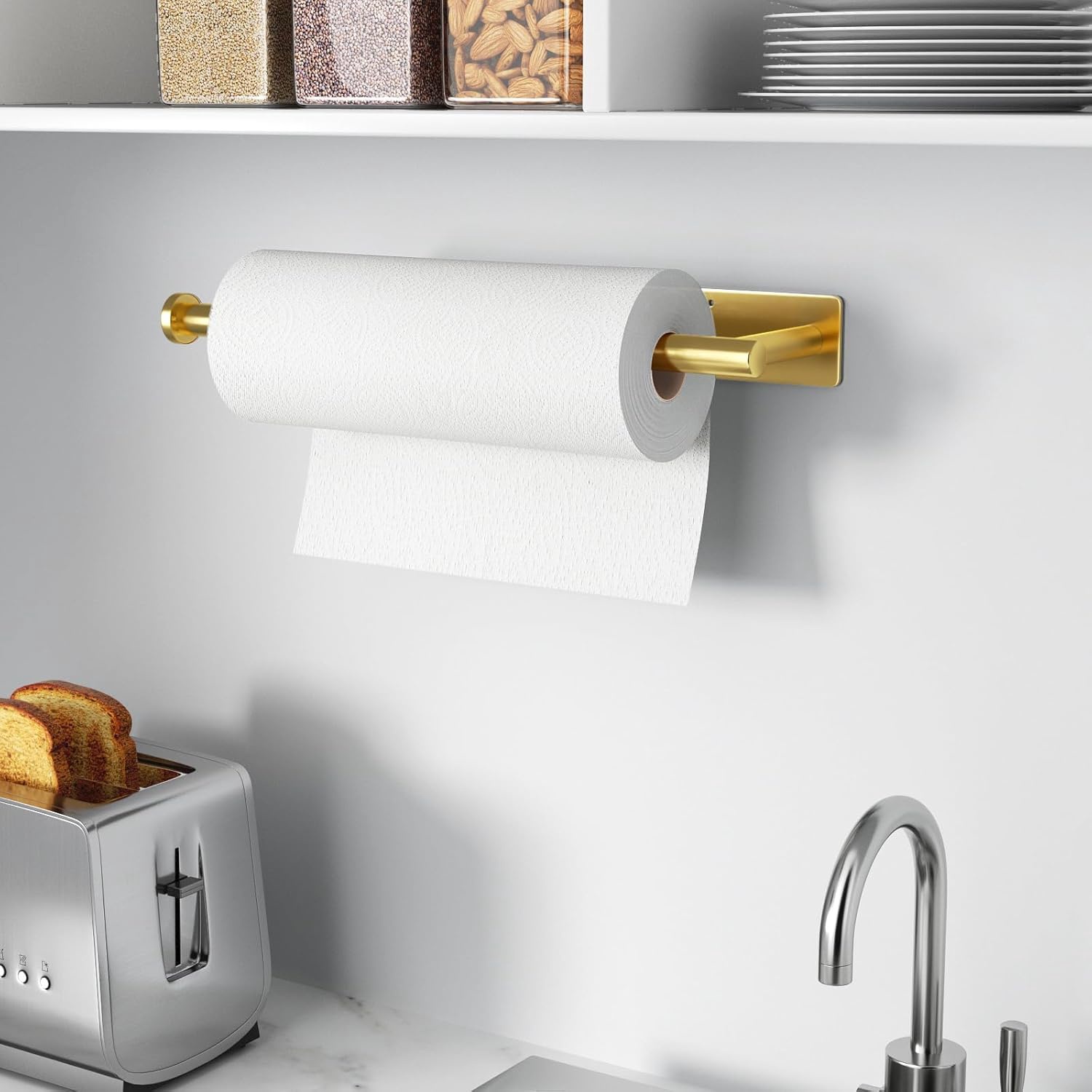 Paper Towel Holder - Self-Adhesive or Drilling, Brushed Nickel, Wall Mounted, SUS304 Stainless Steel Kitchen Roll Dispenser Under Cabinet