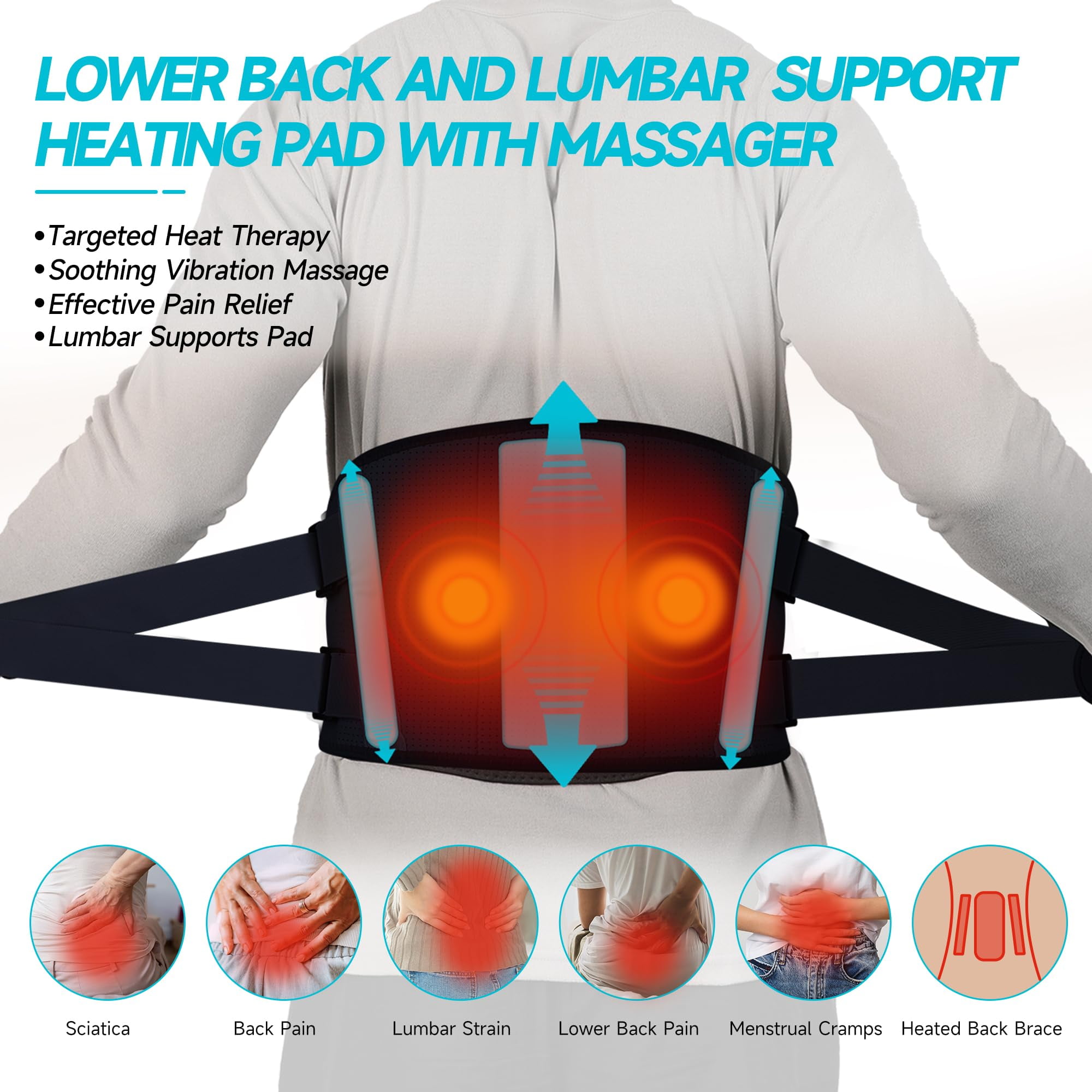 BURRKI 47-60" Lower Back Massager with 3 heat and 5 vibration, Cordless Heating Pad for Back, Heated Lumbar Support Brace Belt, Gifts for Men Women