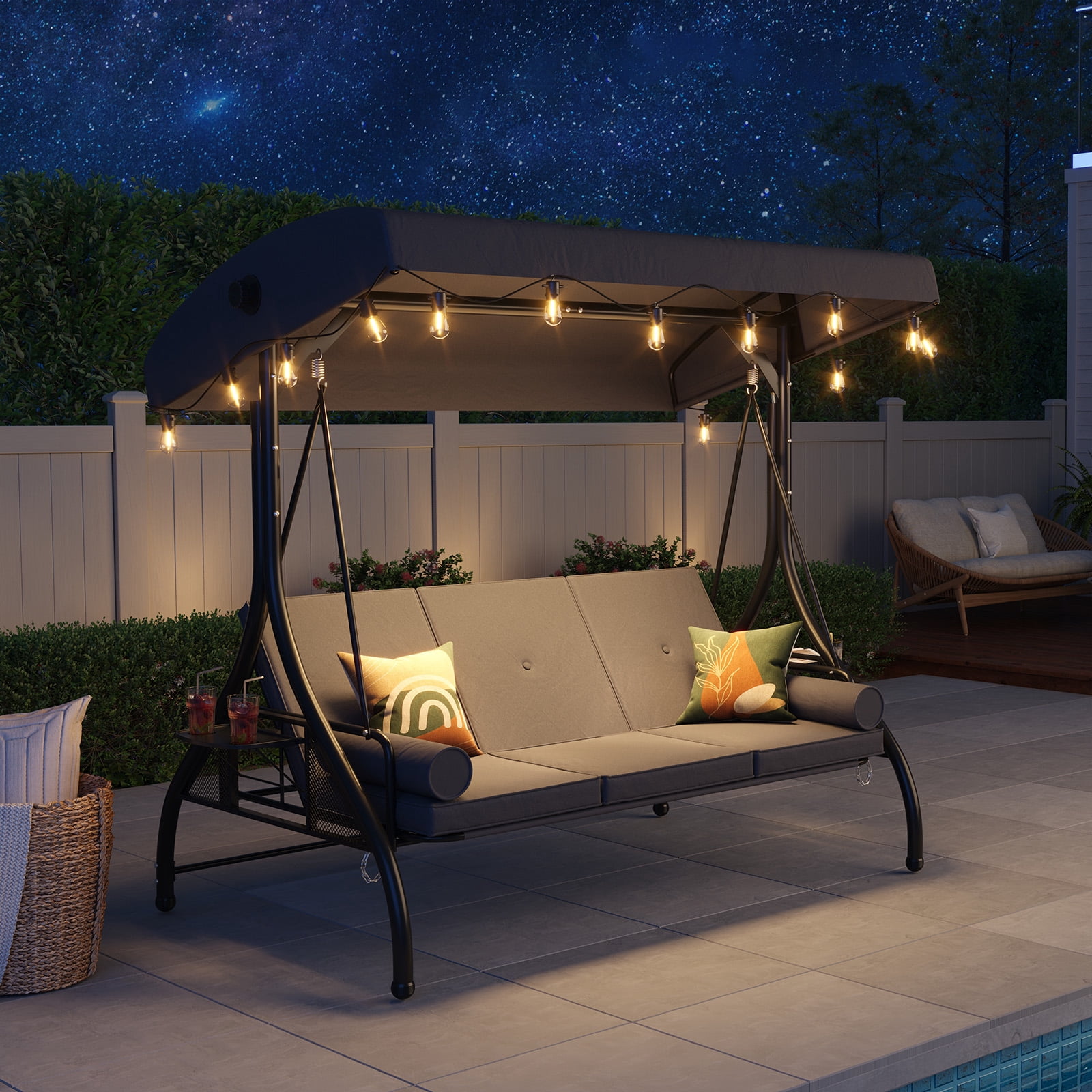 BaPiPro Gray 3-Seat Metal Outdoor Patio Swing with String Lighting, 2-in-1 Convertible Swing Bed, Adjustable Canopy, Removable Cushions & Foldable Side Table for Garden Porch Deck