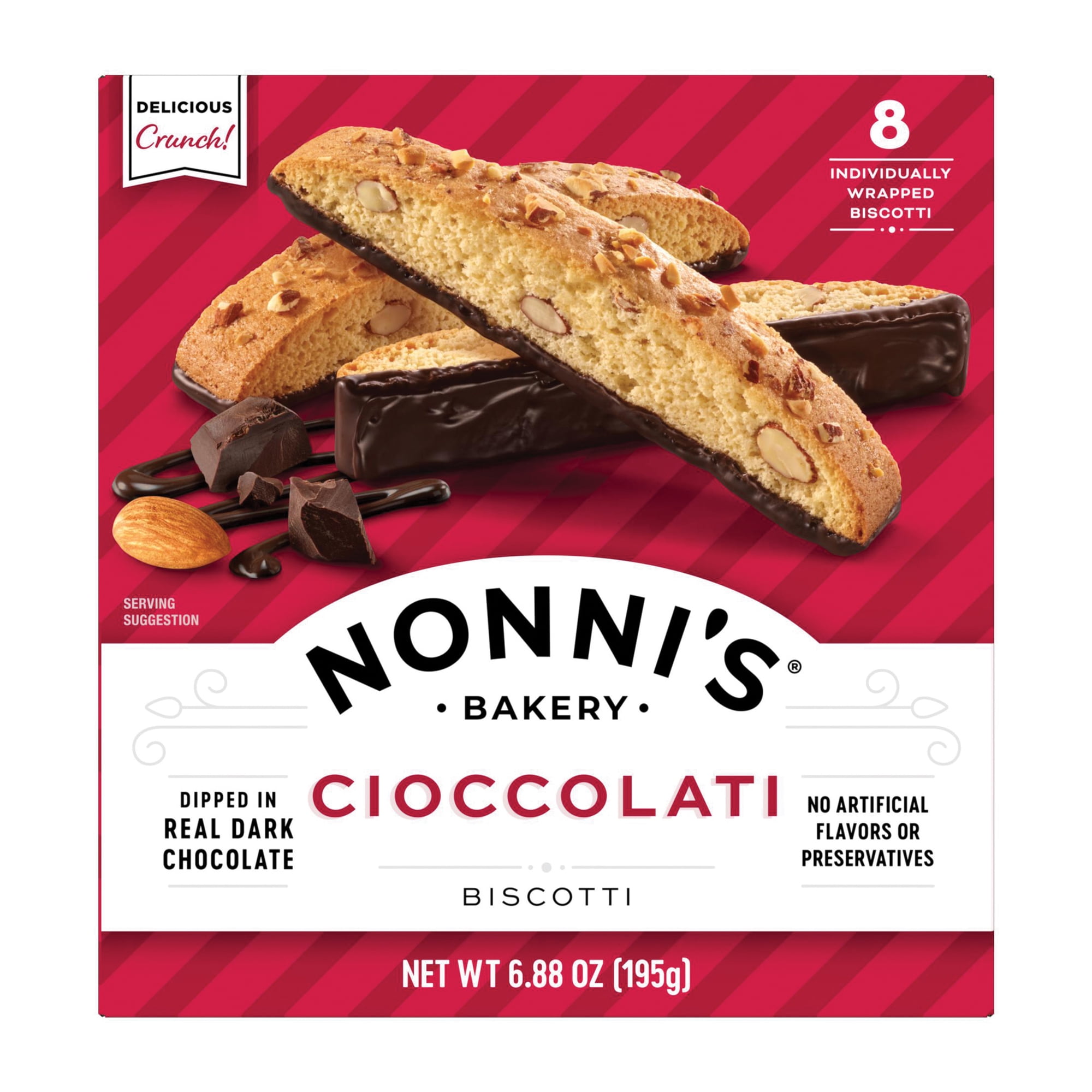 Nonni's Bakery, Cioccolati Almond Biscotti, Individually Wrapped, 6.88 oz, 8 Count