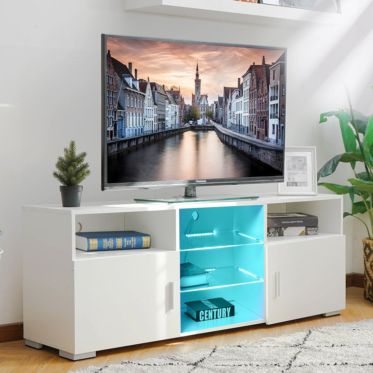 57'' LED TV Stand Media Console Cabinet Storage w/ Lighting Glass