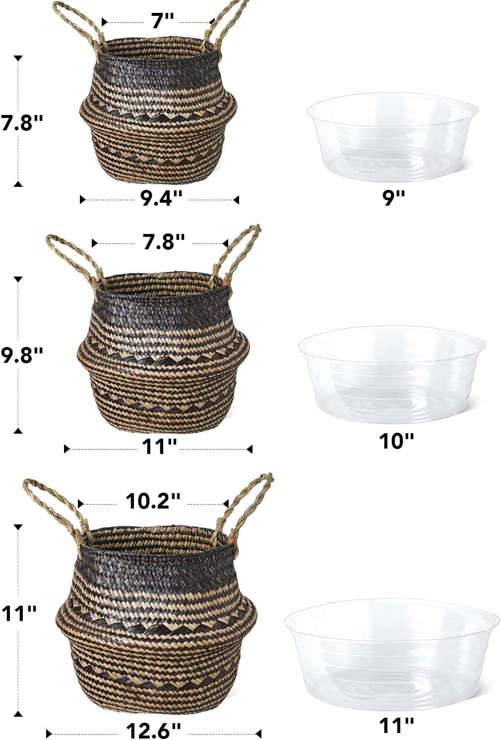 LE TAUCI Plant Basket, 7.8 Inch Black Triangle Woven Seagrass Belly Planter Baskets