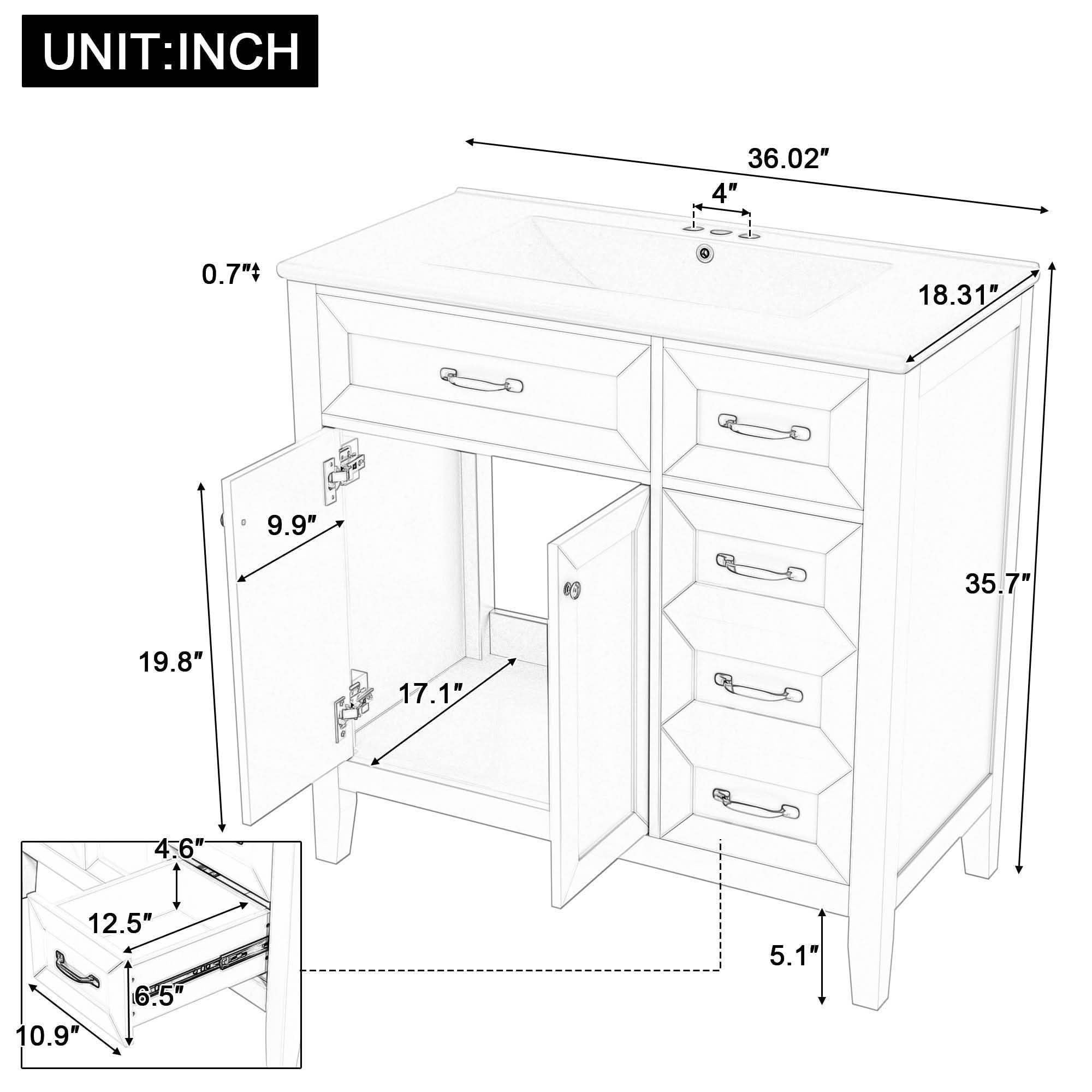 MAYEERTY 36" Bathroom Vanity with Sink Black Cabinet Drawers Solid Frame MDF