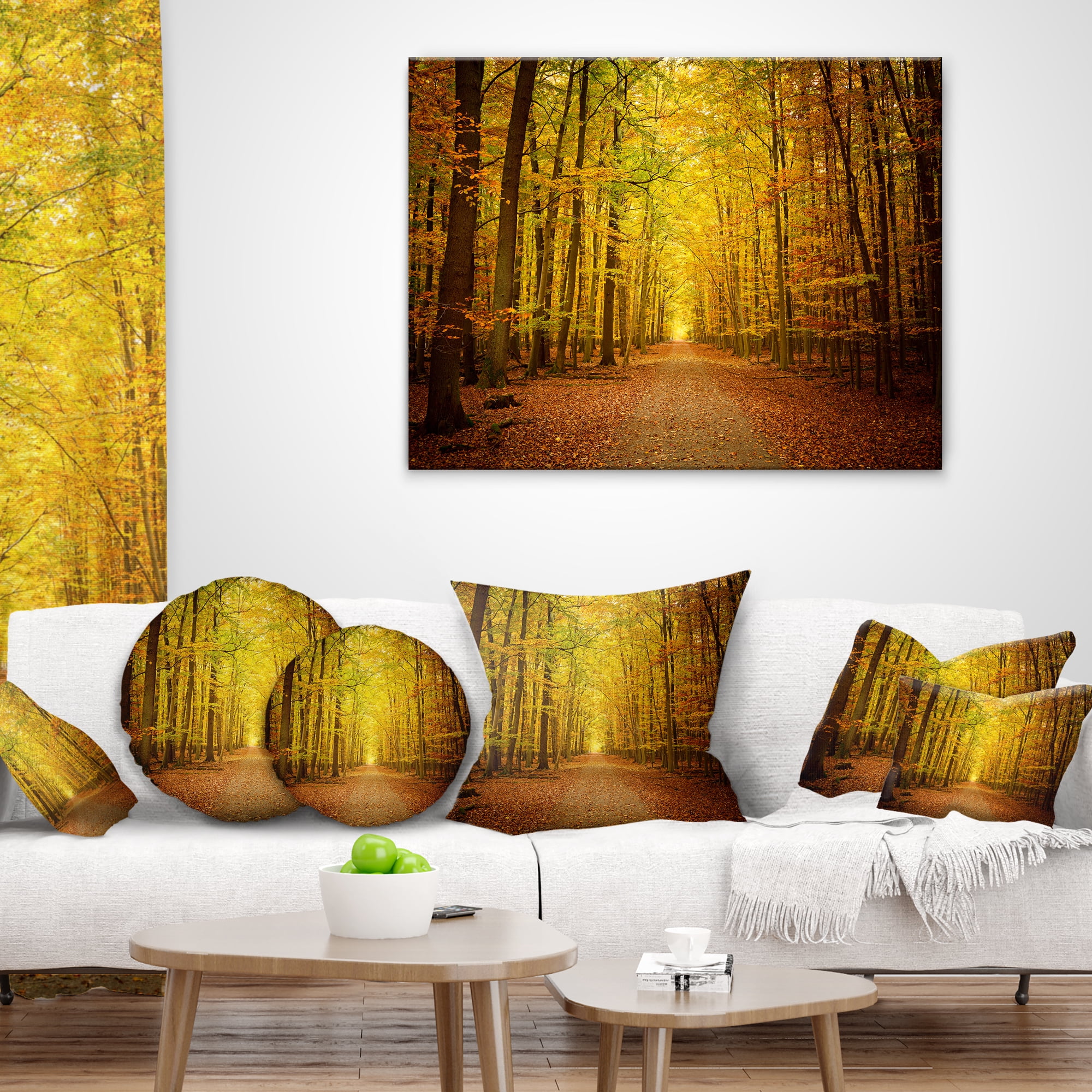 Designart Pathway in Green Autumn Forest - Photography Throw Pillow - 16x16