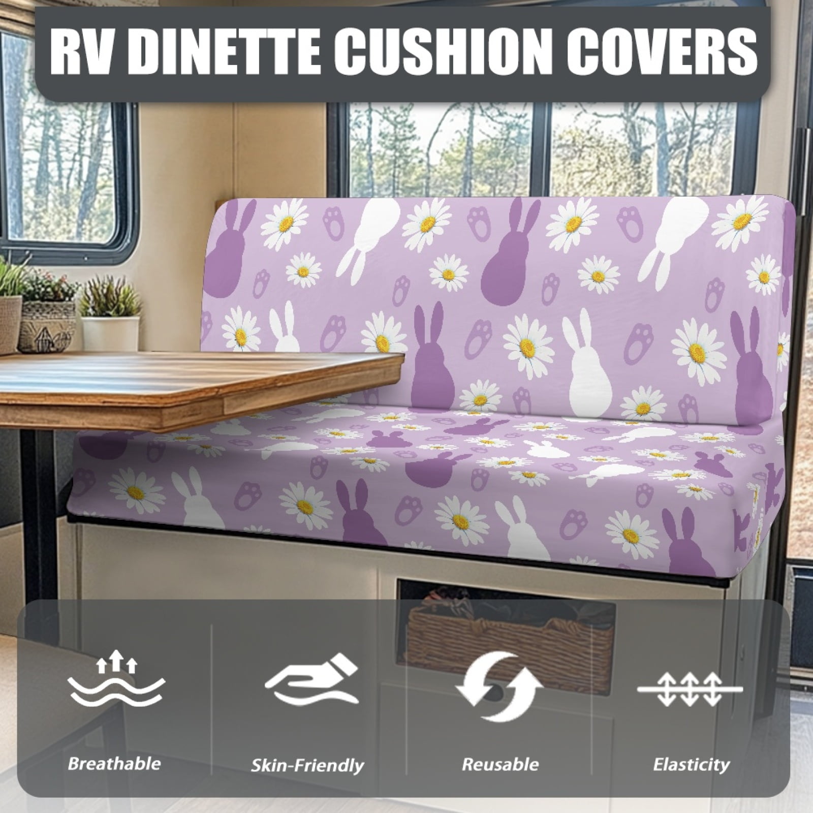 FOR U DESIGNS Bunny Daisy Print 2 Pcs RV Dinette Cushion Covers Non-Slip Camper Seat Covers Dinette Booth Stretch Sofa Furniture Protector Sofa Slipover for Travel Trailer Couch