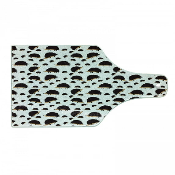Hedgehog Cutting Board, Disorderly Pattern with Repetitive Cartoon Porcupine Characters, Decorative Tempered Glass Cutting and Serving Board, Wine Bottle Shape, Seal Brown Pale Brown, by Ambesonne