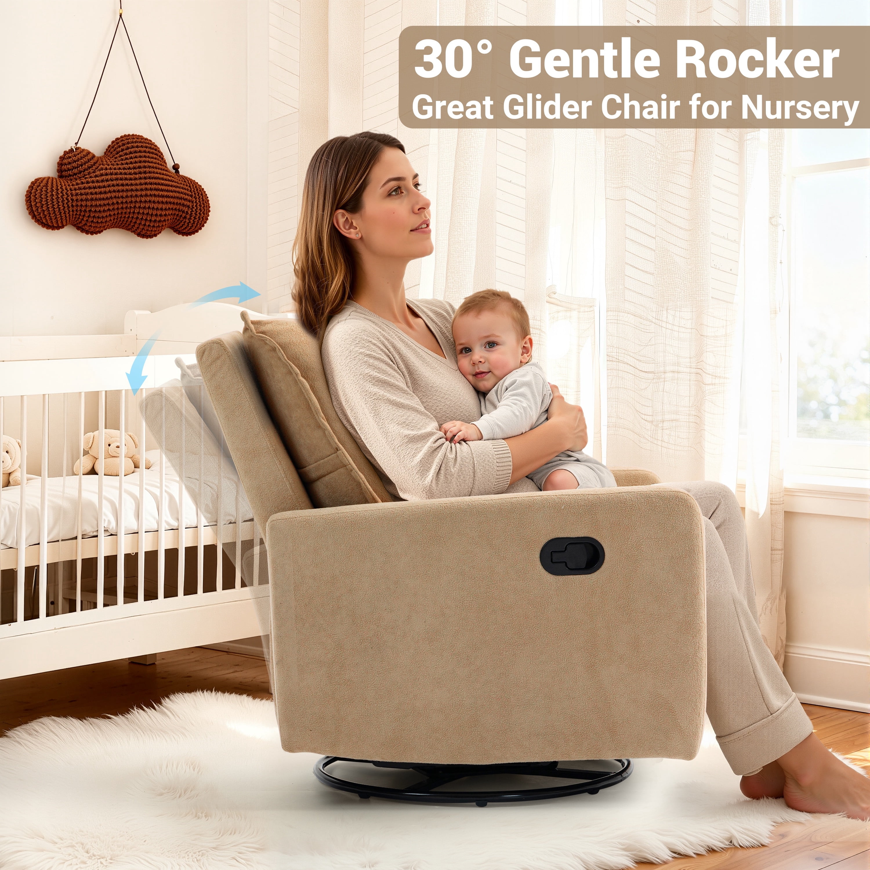 Paproos Swivel Rocker Recliner, Velvet 360°Swivel Rocking Recliner, Glider Rocking Chair for Nursery, Small Rocker Chair for Small Space, Manual Recliner for Adults for Home Theater, Camel