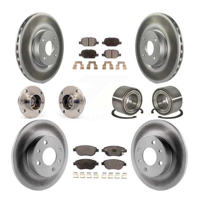 Transit Auto Front Rear Hub Bearing Assembly Coated Disc Brake Rotor and Ceramic Pad Kit (10Pc) for Car 2012-2013 Fiat 500 Hatchback with Turbocharged GAS engine Left Right Driver Passenger KBB-115028