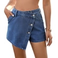thumbnail image 3 of Women Casual High Waisted Solid Button Up Asymmetrical Denim Jean Skort Skirt Mini Shorts S, 3 of 10