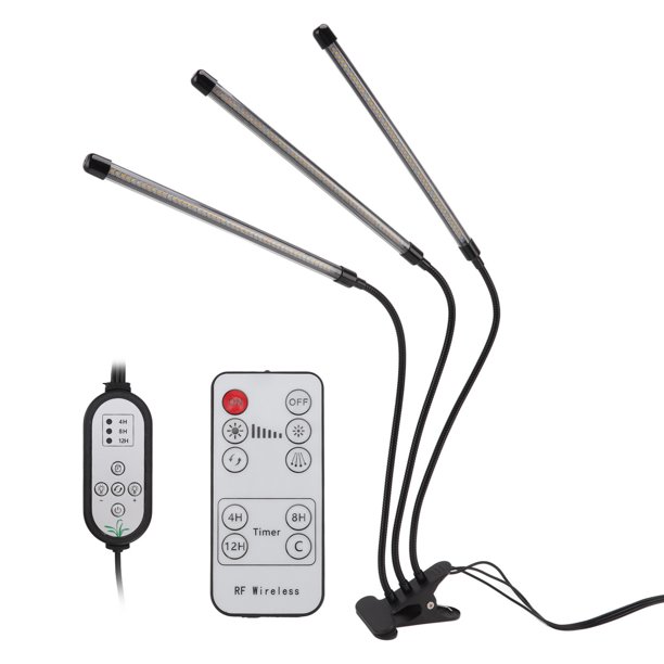 Lámpara LED USB para cultivo de plantas con 3 cabezales, espectro completo, luz cálida roja y blanca, regulable en 10 niveles y temporizador.