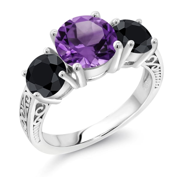 Gem Stone King 925 Sterling Silver Purple Amethyst and Black Sapphire Engagement Ring for Women | 4.00 Cttw | Round 8MM | Gemstone February Birthstone | Size 7