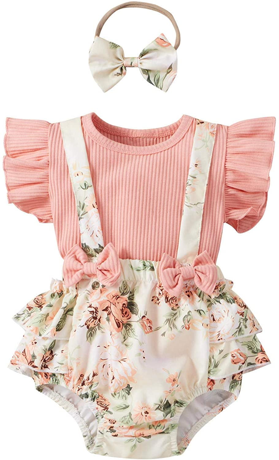 Baby Girl Summer Outfit Floral Ruffle Suspender Romper with Headband Newborn Girls Clothes Sets 