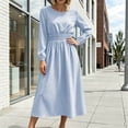 thumbnail image 5 of FRSASU Women's Long Sleeve Striped A Line Midi Dress Round Neck Smocked Elastic Waist Flowy Casual Daily Holiday Long Dress Blue, 5 of 8