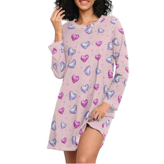 joogoo Beautiful Glitter Hearts Women's Long Sleeve Nightgown Sleepwear L