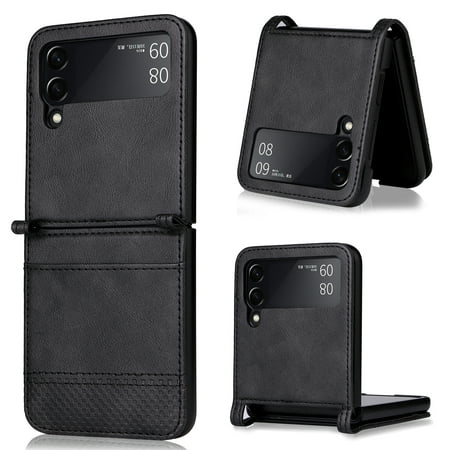 Dteck for Samsung Galaxy Z Flip 3 Case, Wallet PC Hard Shockproof Back Cover for Galaxy Z Flip 3 Leather Phone Case, for Galaxy zFlip3 5G 2021 Protective Cover Shell Slim Durable,Black