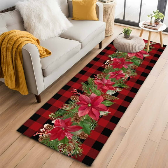 Christmas Poinsettia Kitchen Runner Rug 2x6 Washable Runners for Hallway Non Slip Red Plaid Xmas Botanical Pine Cones Large Area Rug Indoor Floor Carpet for Bathroom Laundry Entryway Bedroom