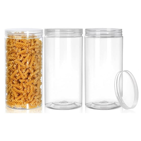Artrylin 3 Pack Clear Plastic Jars, 48 OZ Empty Candy Storage Jars, Reusable PET Jar with Screw on Lids, Large Round Dry Food Container for Household and Kitchen Organizing, Nuts, Spices