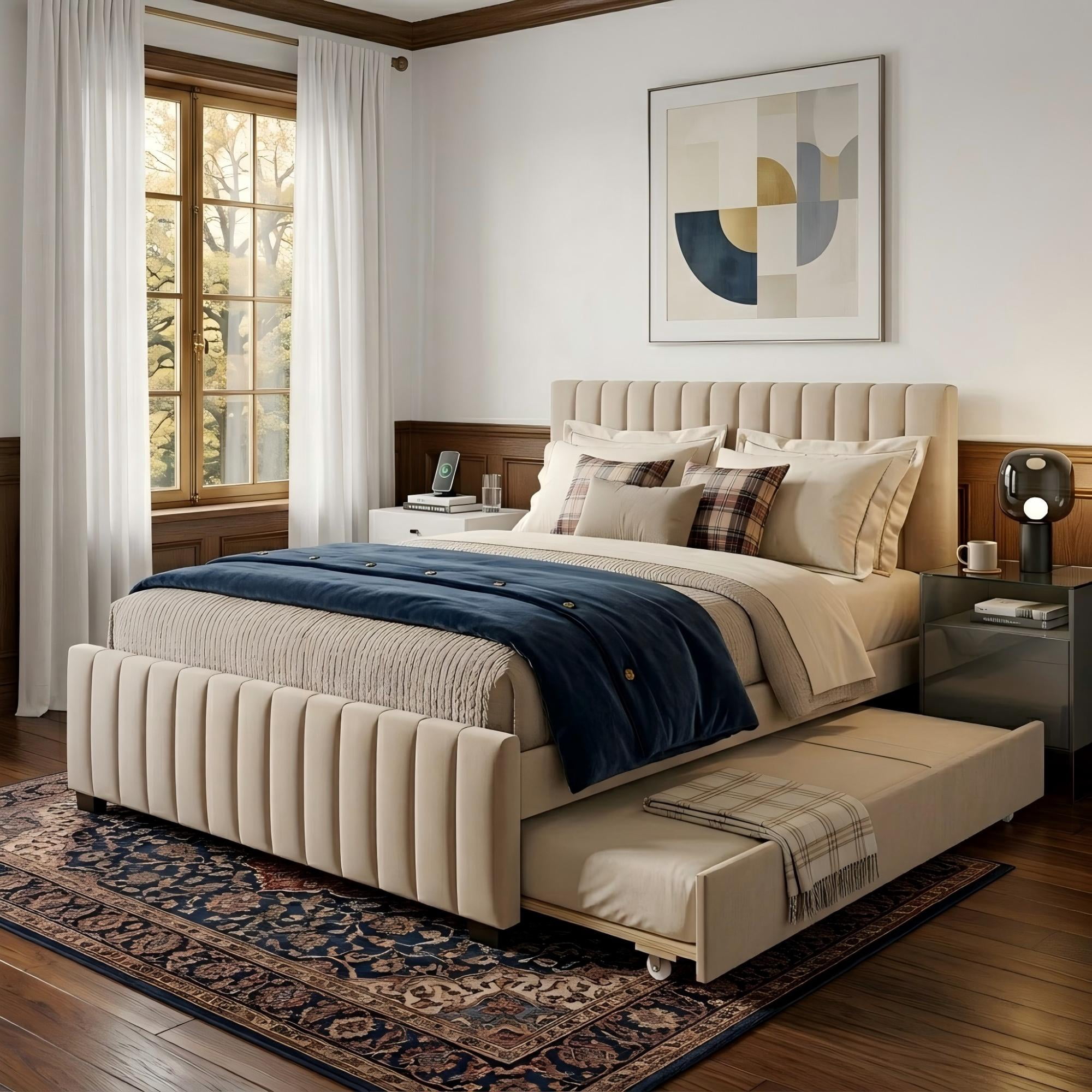 Aukfa Queen Size Upholstered Bed Frame with Twin XL Trundle, Velvet Tufted Headboard & Footboard, Beige