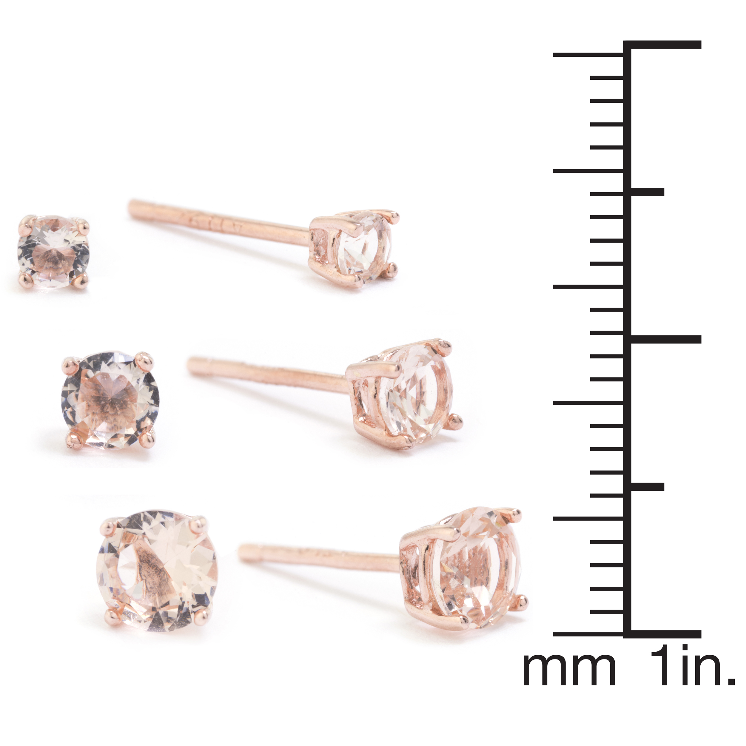 Marisol & Poppy Morganite Cubic Zirconia 3-Piece Stud Earrings Set in Rose Gold over Sterling Silver for Women & Teens