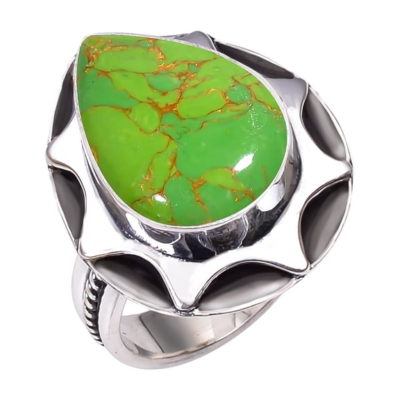 Copper Green Turquoise 925 Solid Sterling Silver Ring, 18X13 mm Pear Gemstone Ring, Green Ring, Christmas Gift, Unique Jewelry Ring, Adjustable Ring V