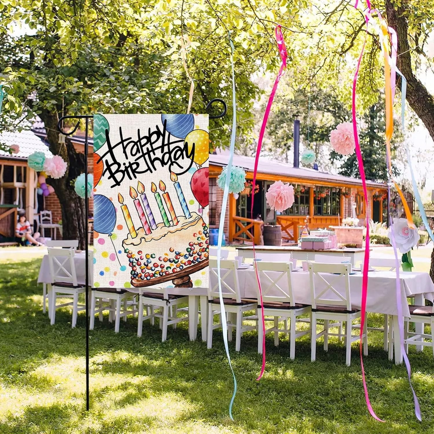 Happy Birthday Garden Flag Banner Big Cake Colorful Balloon Yard Flag Burlap Vertical Double-Sided Party Welcome Farmhouse Outdoor Outside Home House Decoration