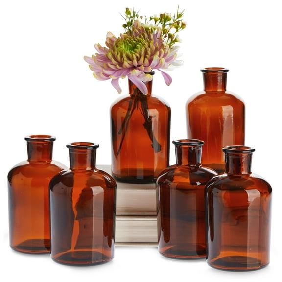 6 Pack Amber Glass Bottle, Apothecary Flower Bud Vases for Vintage, Decorative Home Decor, 2.5 x 4.8 in.