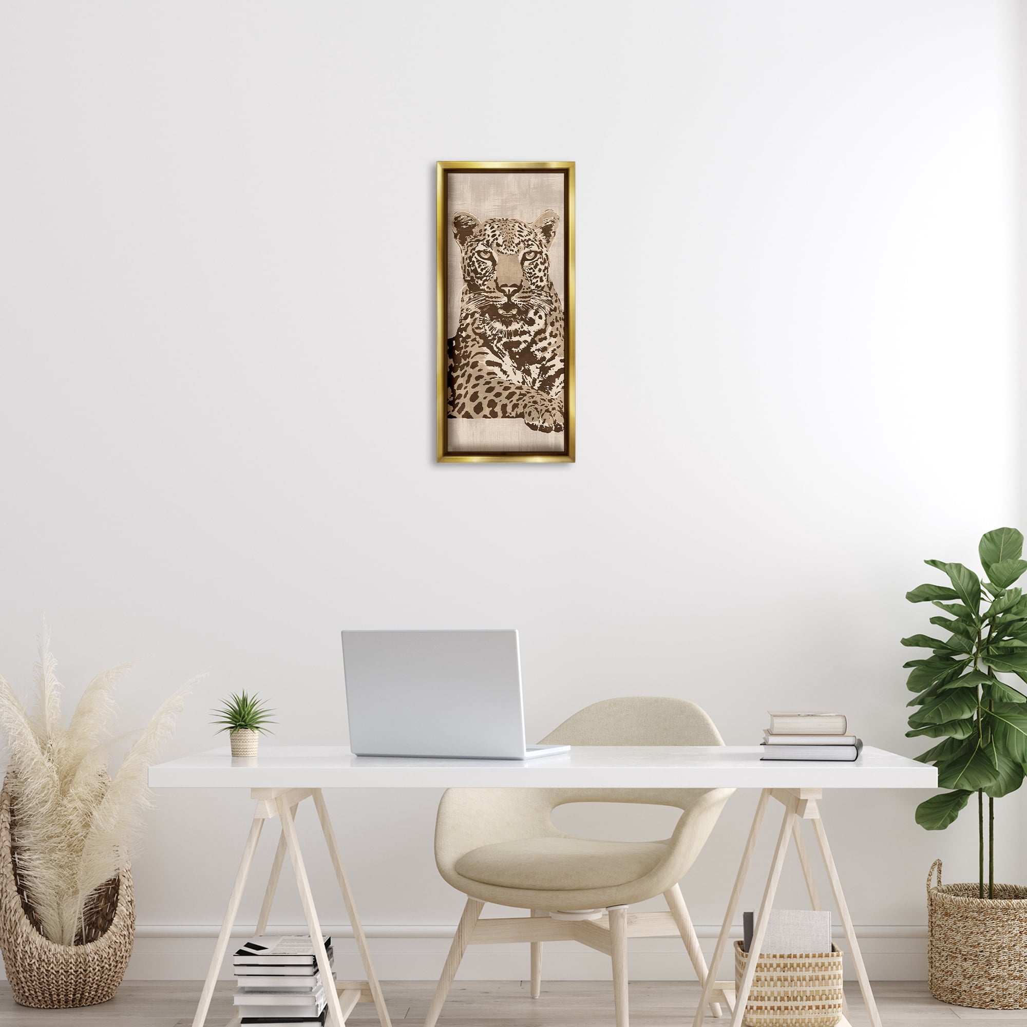 Stupell Industries Muted Fierce Leopard Animals Painting Gold Floater Framed Canvas Art Print Wall Art, 11 x 25