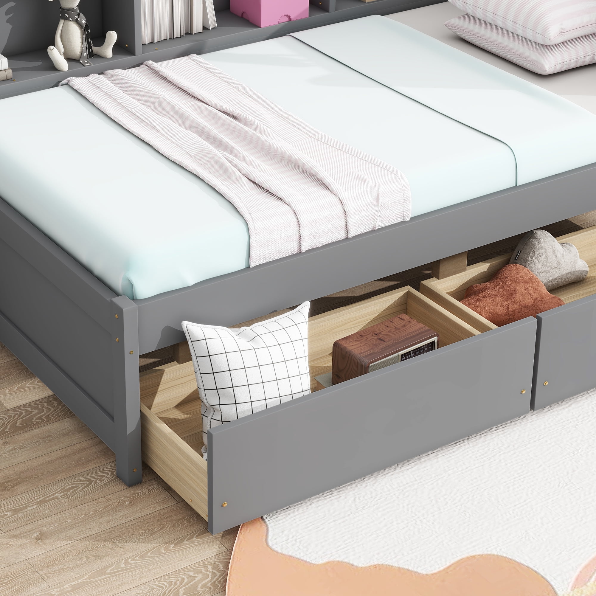 Sailvan Twin Size L-shaped Bookcases Bed with Power Outlets, USB Charging Ports,Two Drawers