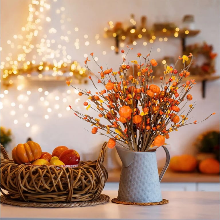 25PCS Fall Stems Artificial Berry Picks,10inch Tall Artificial Fall Berry Picks Autumn Berries Spray For Vases Thanksgiving Gifts Floral Arrangements Christmas Tree Autumn Harvest Party Decor (Orange