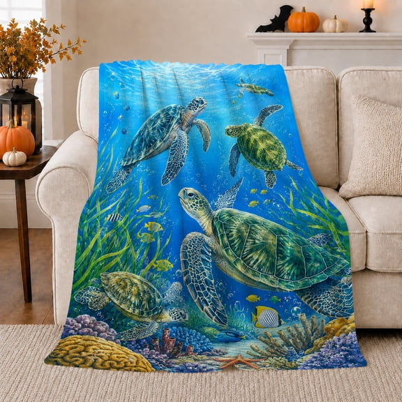 Swimming Sea Turtles Above Colorful Coral Reef, Soft Flannel Blanket with Realistic Marine Illustration Print, Housewarming Gift and Home Decor for Bedroom and Living Room