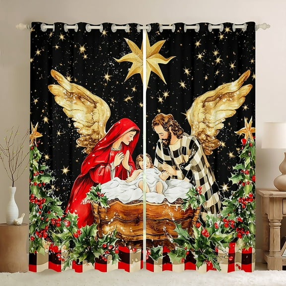 jejeloiu Christmas Theme Black Out Curtains,Galaxy Starry Night Curtains Pack of 2 (42x63 Each),Red Geometric Grid Bedroom Curtains For Child,Microfiber Bedroom Decor