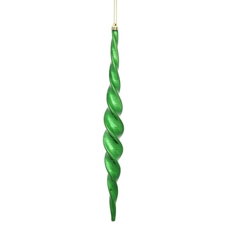 Vickerman 14.6 Emerald Shiny Spiral Icicle Ornament with drilled and wired caps. Comes 2 per Box.