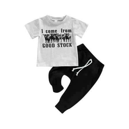 

Qtinghua Western Baby Boy Summer Clothes Cow Letter Print Short Sleeve T-Shirt Tops Drawstring Pants 2PCS Outfits Light Gray 18-24 Months