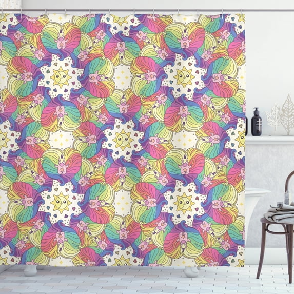 Unicorn Shower Curtain, Rainbow Colored Mane in Heart Shape with Smiling Sun and Gemstones Childish Cartoon, Fabric Bathroom Set with Hooks, 69W X 75L Inches Long, Multicolor, by Ambesonne